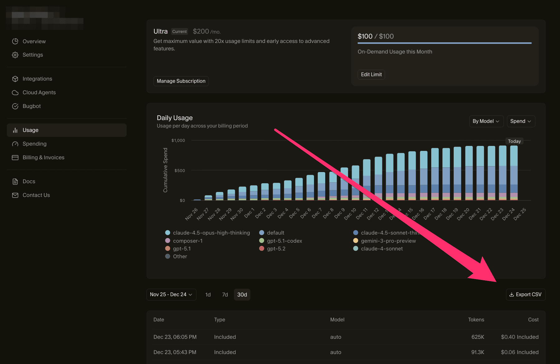 How to export CSV from Cursor Dashboard